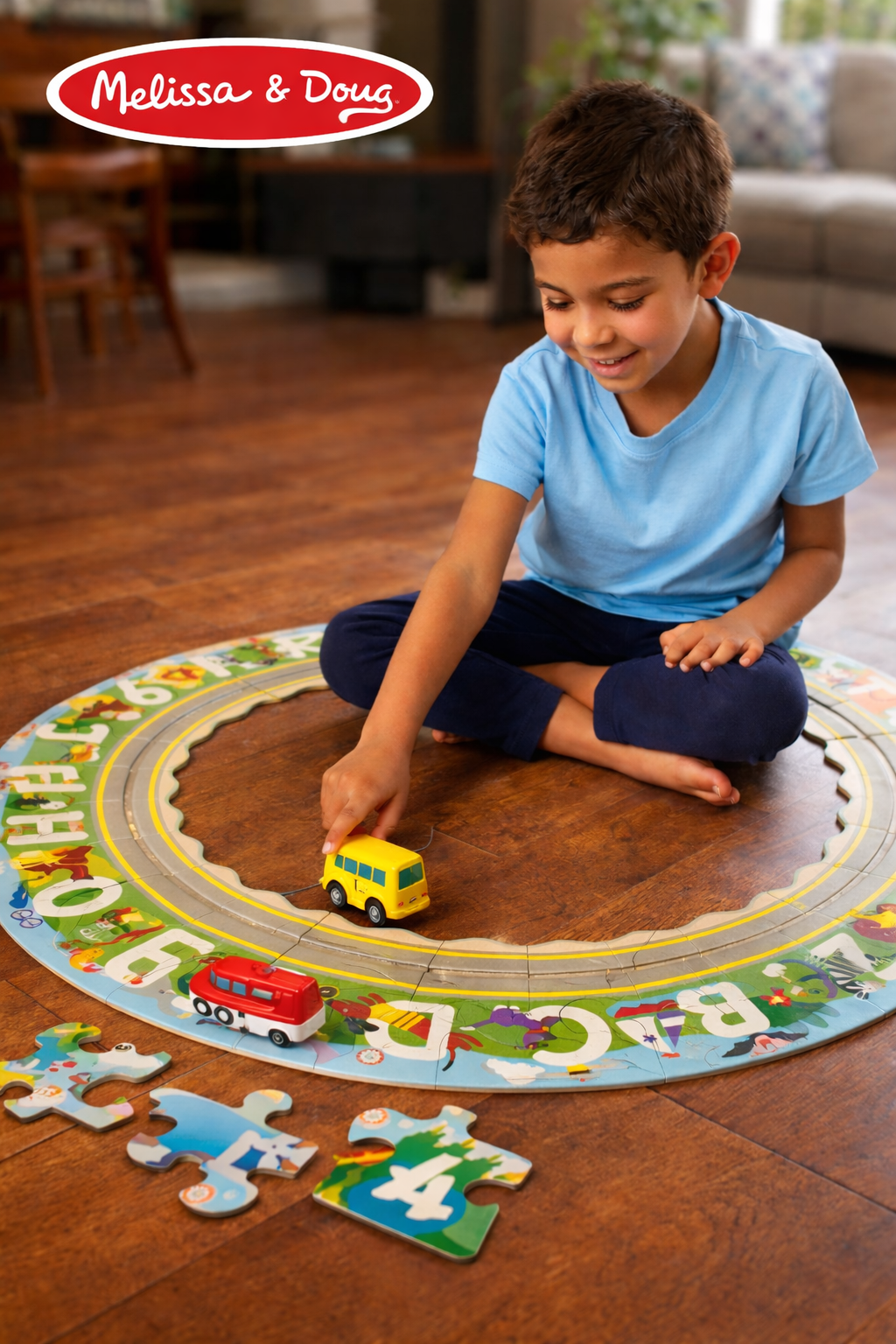 Melissa & Doug Round the Shore Tracks — Puzzle de Sol 48 Pièces avec Véhicules à Ressort