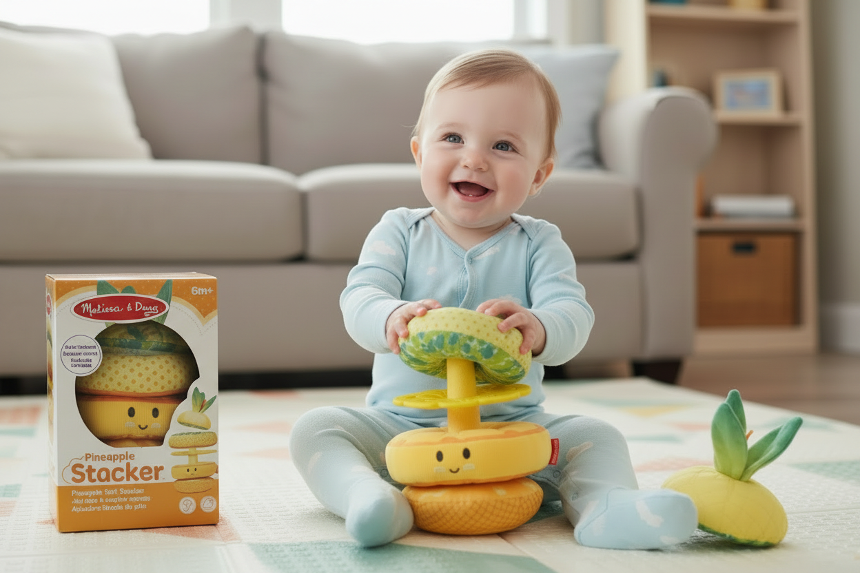 Bebé jugando con Pineapple Stacker - caja separada 20cm