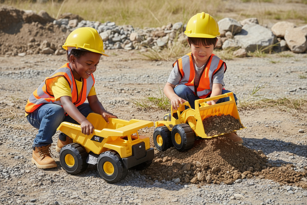 Dos niños constructores con CAT trucks - desde cero
