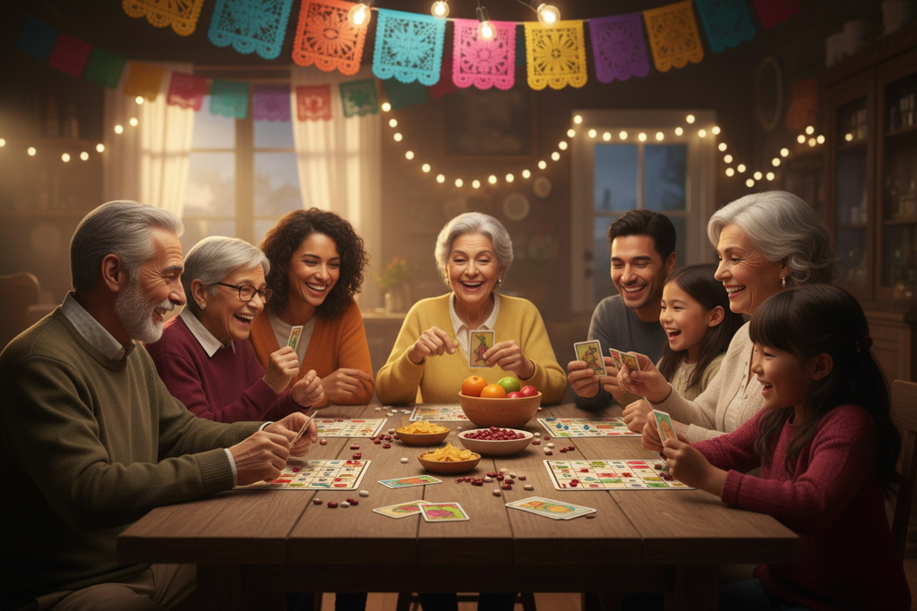 Familia diversa jugando Lotería Mexicana