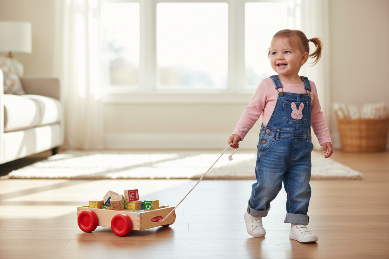 Niña jalando ABC Block Cart - carrito plano con ruedas