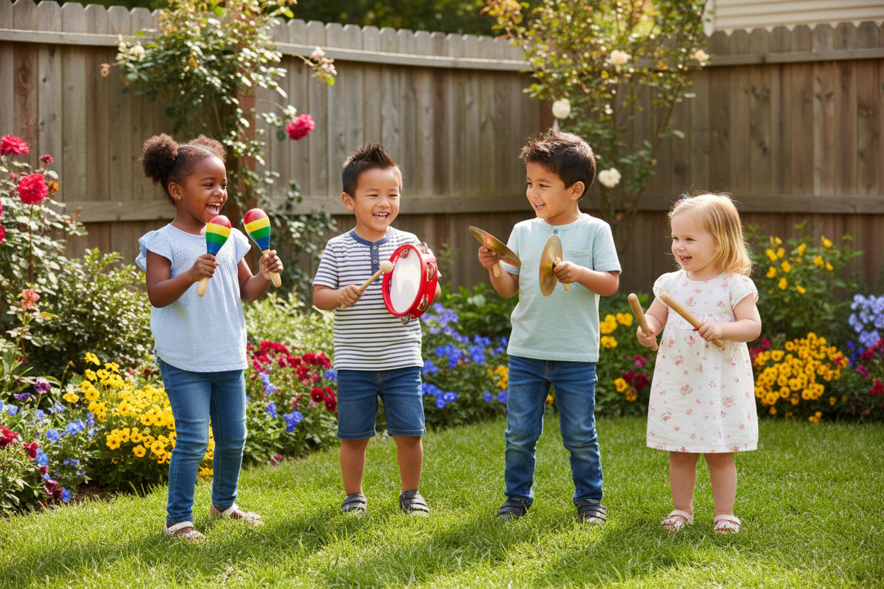 Niños de diferentes etnias tocando instrumentos Melissa & Doug en jardín