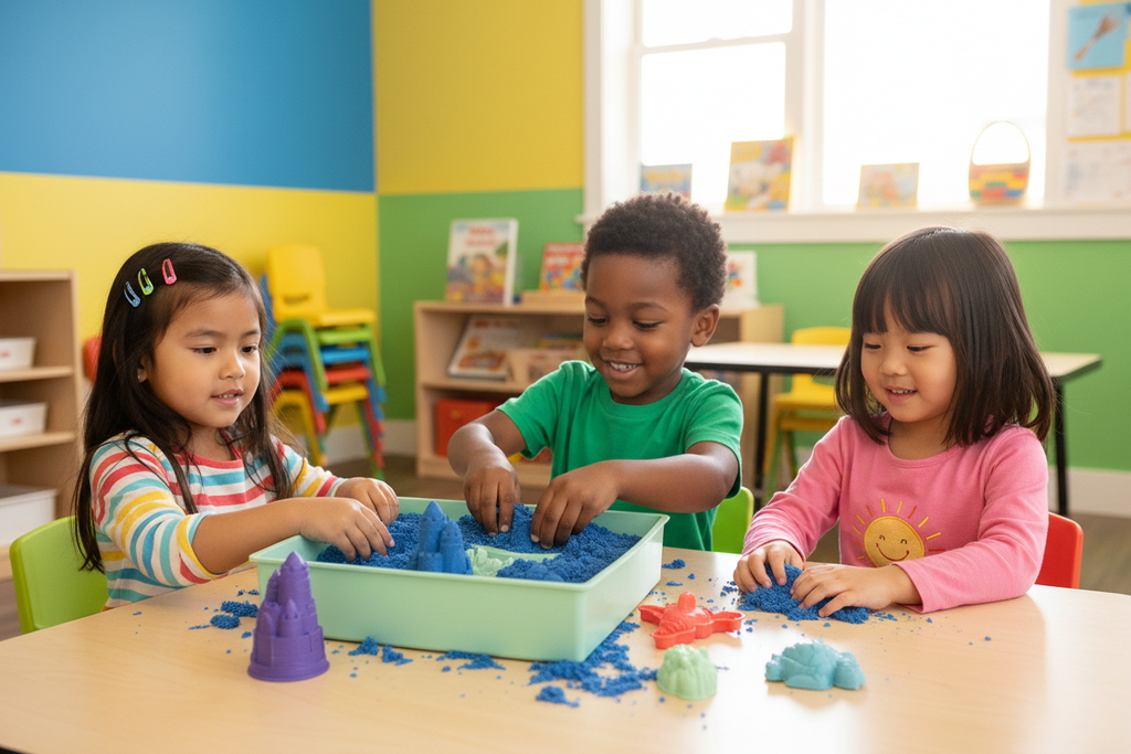 Niños jugando con Kinetic Sand - niña latina izquierda