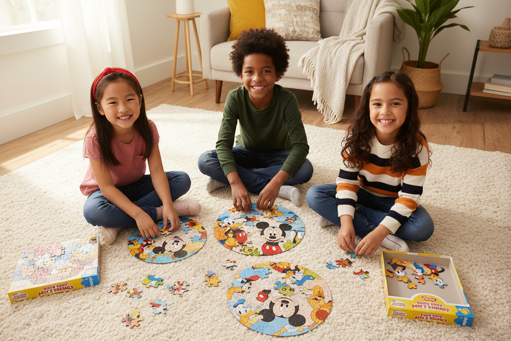Niños jugando con puzzles Disney - vista aérea